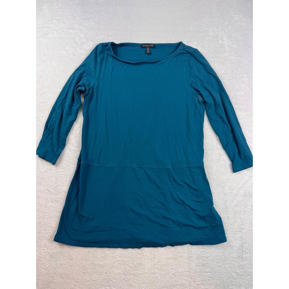 Eileen Fisher Petite Teal Blue Viscose Stretch Boat Neck Tunic Top Size PS